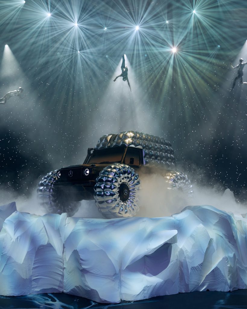 Moncler Art of Genius 2023 Phlippo light audio trussing rigging London Olympia fashion week event show Mercedez Benz with a bomber jacket